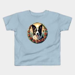 Happy Border Collie Rose Wreath Kids T-Shirt